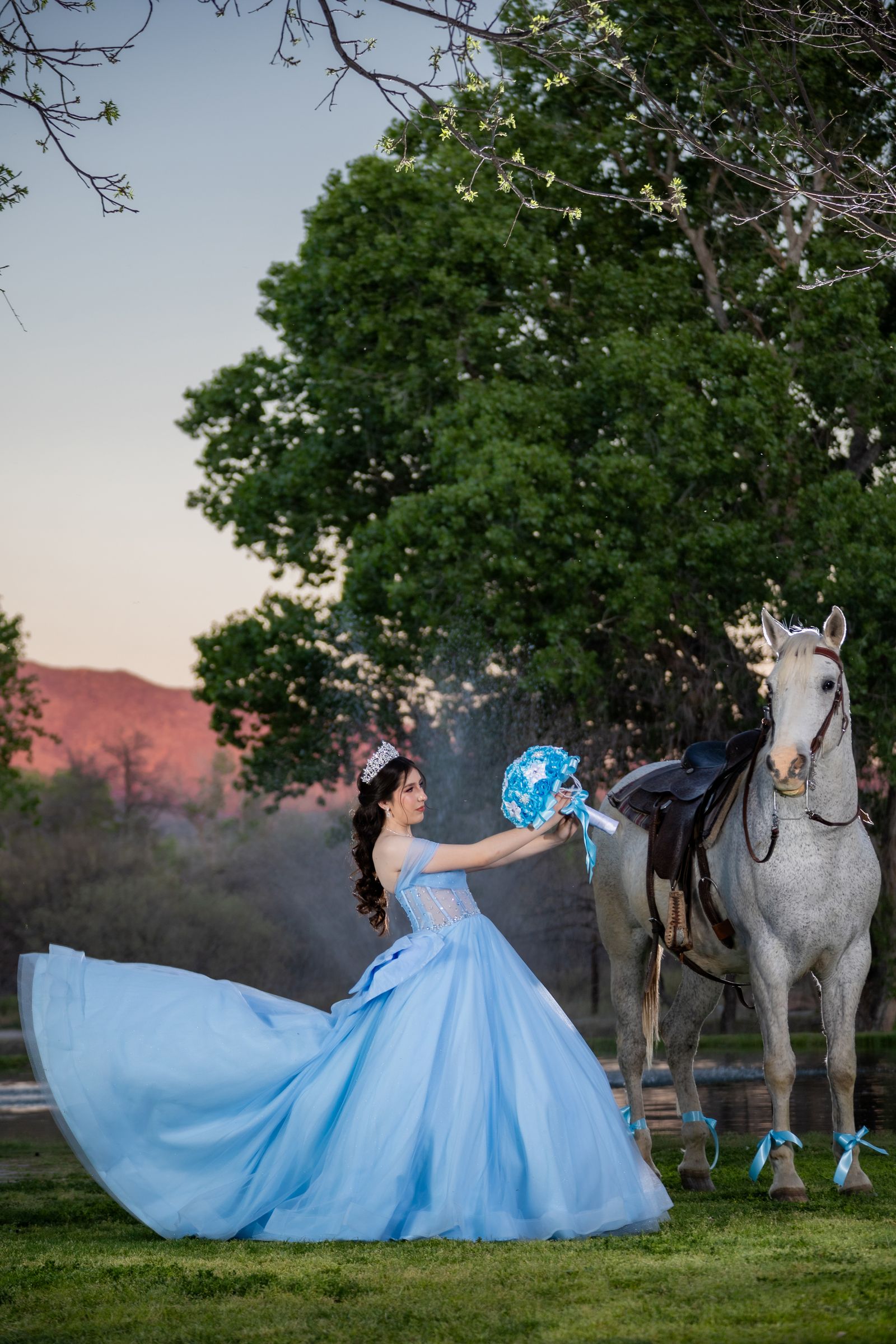 Lluvia vestido completo con caballo al atardecer